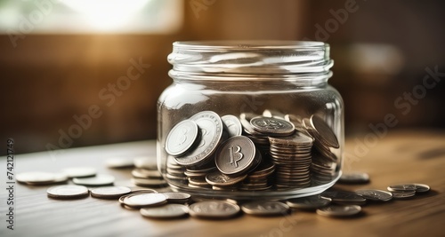  Savings jar with coins, symbolizing financial growth and wealth accumulation