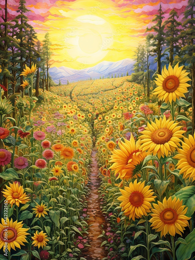 Radiant Sunflower Labyrinths Panoramic Landscape Print: Broad Garden Views & Expansive Blooms