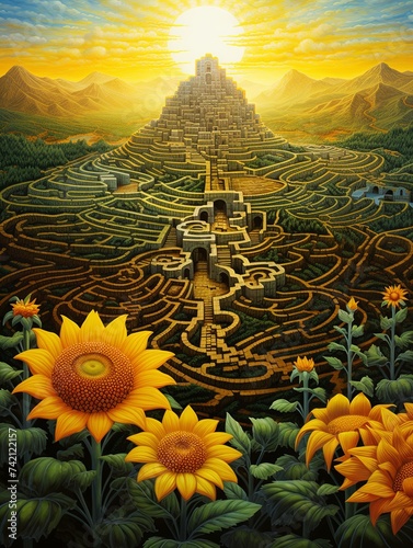 Radiant Sunflower Labyrinths Art Print: Overlook Blooms at Elevated Garden Plateau