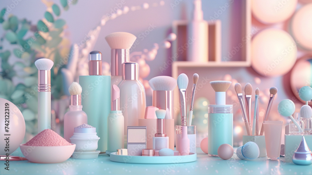 An elaborate cosmetics setup featuring a variety of powders and brushes, crafted with exquisite attention to detail in a 3D animated style This should serve as a unique, immersive backdrop - obrazy, fototapety, plakaty 