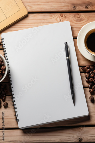 Blank notebook, coffee, copy space