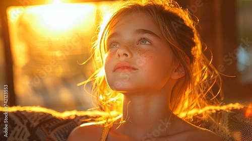 a girl sitting on a sofa in front of the sun, in the style of luminous light effects, handsome, raw street photography, lit kid, close up. Generative AI
