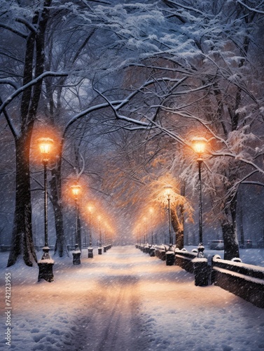 Silent Snowfall City Streets Forest Wall Art - Snowy City Park Iced Trees Pathway © Michael