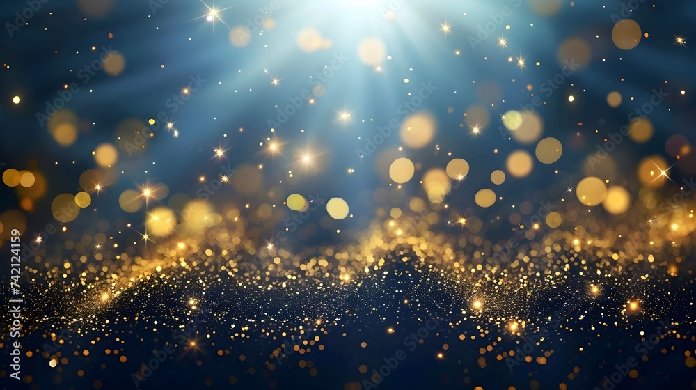 christmas background with snowflakes, deep navy background, golden stars, sparkling lights, background, lavish gold foil texture come together in a breathtaking - obrazy, fototapety, plakaty 
