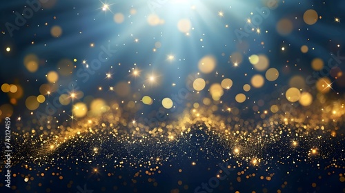 christmas background with snowflakes, deep navy background, golden stars, sparkling lights, background, lavish gold foil texture come together in a breathtaking photo