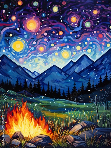 Imagined Blaze  Starry Night Campfires Abstract Landscape with Artistic Fires