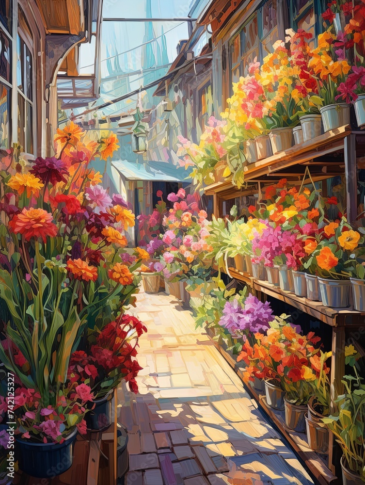 Sunlit Flower Market Streets: Acrylic Mural Landscape Featuring Painted Stalls Sunlit Flower Market Streets: Acrylic Mural Landscape Featuring Painted Stalls
