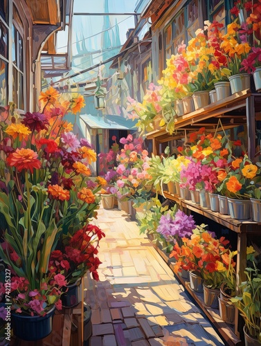 Sunlit Flower Market Streets: Acrylic Mural Landscape Featuring Painted Stalls © Michael