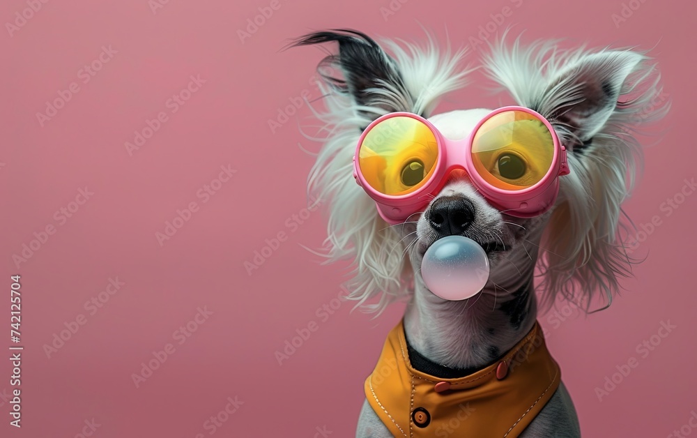 Chinese Crested dog blowing bubble gum wearing sunglasses fashion portrait on solid pastel background. presentation. advertisement. invitation. copy text space.