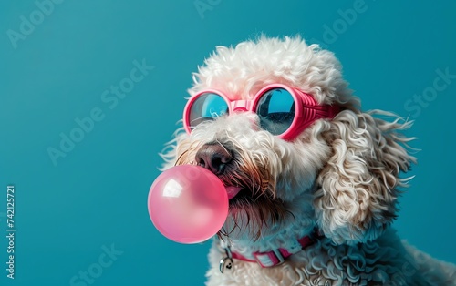 dog blowing bubble gum wearing sunglasses fashion portrait on solid pastel background. presentation. advertisement. invitation. copy text space. © CassiOpeiaZz