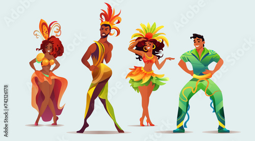 Brazilian samba dancers girls and guys wearing festival costumes and dancing together carnival party concept horizontal