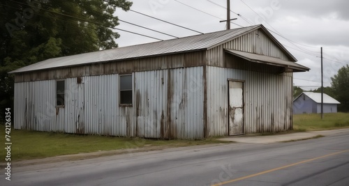  Abandoned blue building with rusted siding, waiting for a new life