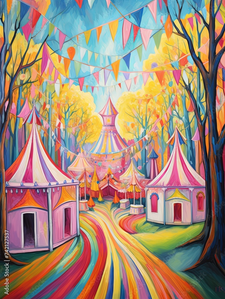 Vibrant Carnival Midways Acrylic Landscape Painting: Bright Fair Scene with Painted Tents