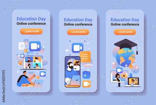 set mix race students having online conference during video call education day live webinar e-learning concept