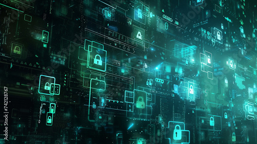 A depiction of a sophisticated hack happening in a digital world with a multitude of lock symbols symbolizing a high security system The artwork should create a unique atmosphere of intrigue and