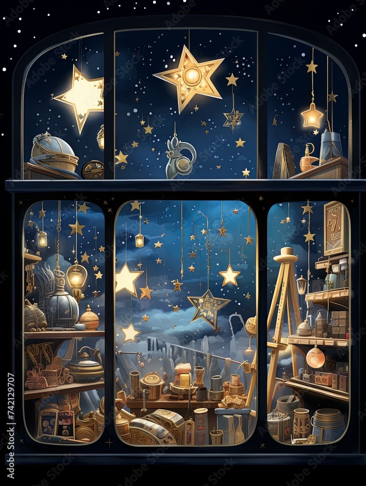 Starry Toy Themes: Vintage Toy Shop Windows Night Sky Artwork for Nighttime Displays