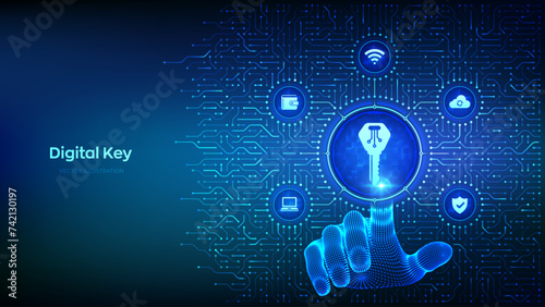 Digital key. Electronic key. Personal Data protection. Cyber security and access concept. Background with circuit board connections and tech icons. Wireframe hand pressing button. Vector Illustration.