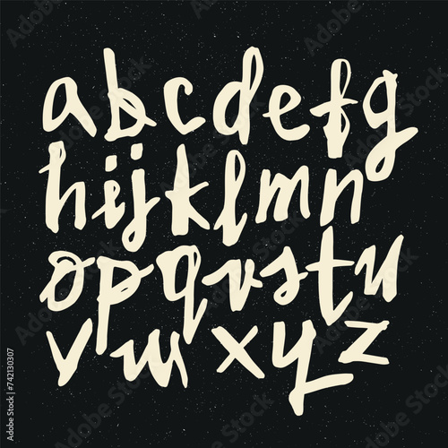 Vector handwritten calligraphic ink alphabet, white on black background. Hand drawn alphabet written with brush pen. Minuscula – small letters. (ID: 742130307)