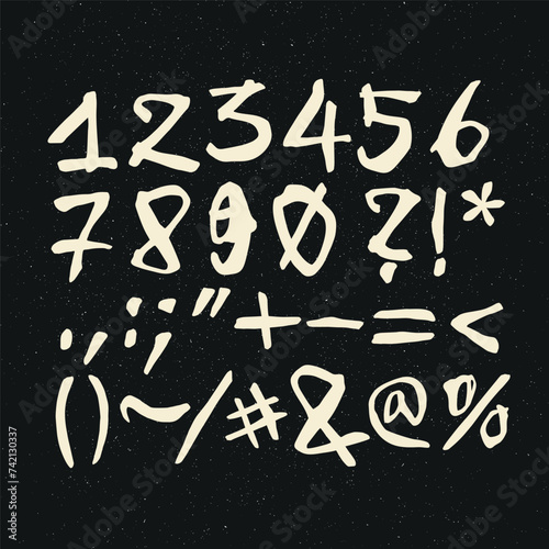 Vector handwritten calligraphic ink alphabet, numbers and symbols, white on black background. Hand drawn alphabet written with brush pen. (ID: 742130337)