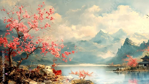 Lake in the mountains with cherry blossom tree. Seamless looping time-lapse 4k video animation background photo
