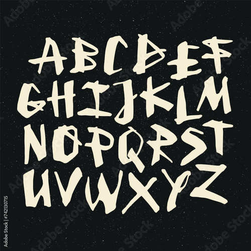 Vector handwritten calligraphic watercolor alphabet, white on black background. Hand drawn alphabet written with brush pen. Mayuscula – big letters. (ID: 742130715)