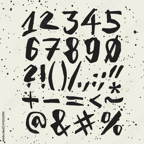 Vector handwritten calligraphic ink alphabet, numbers and symbols, black on white background. Hand drawn alphabet written with brush pen. (ID: 742130904)