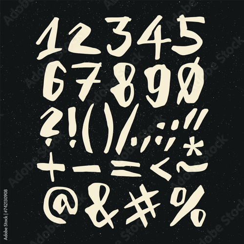 Vector handwritten calligraphic ink alphabet, numbers and symbols, white on black background. Hand drawn alphabet written with brush pen. (ID: 742130908)