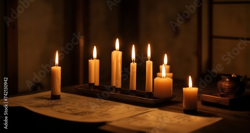  Warm, inviting ambiance with lit candles and papers on a desk