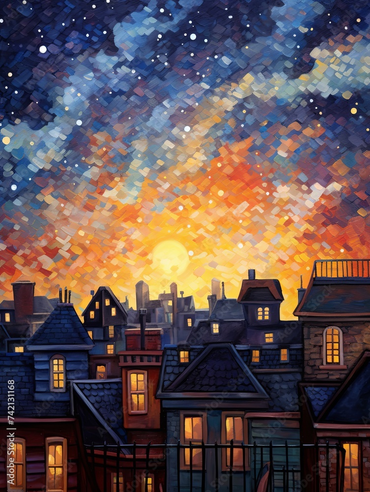 Whimsical Stargazing Rooftops at Sunset Digital Painting