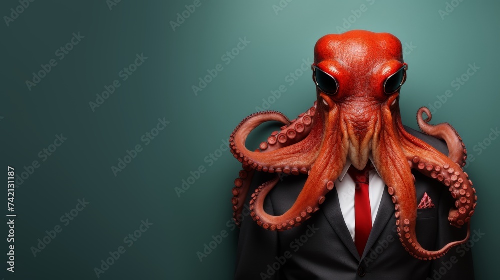 Octopus in business suit at corporate studio with text space for anthropomorphic concept.