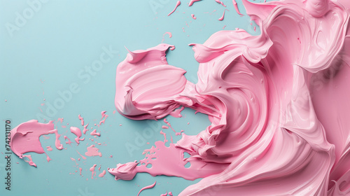 Abstract gooey pink paint on blue background. Slime or bubble gum texture.  photo
