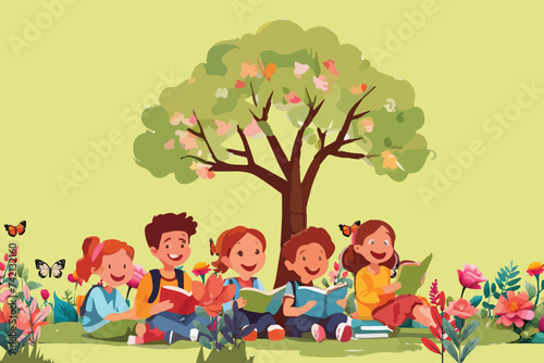 illustration of children in spring. coming home from school wearing a bag, carrying books, studying and playing in the garden when the flowers and leaves bloom in spring.