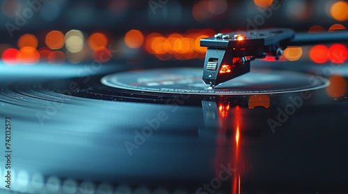 Closeup of a needle resting on a record highlighting the smooth and glossy texture of the vinyl. photo