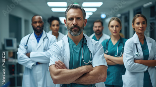 Group of doctors diverse team of healthcare workers stands resolute in a hospital corridor  arms folded  exuding confidence and experience  team of nurses and medical  patient care  medical unity