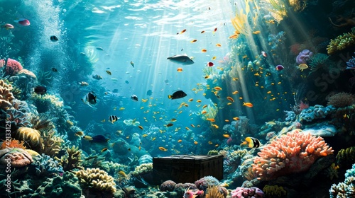 Sunlight penetrates the surface of the ocean onto a vibrant coral reef teeming with marine life. A treasure chest at the bottom.travel and tourism advertising.