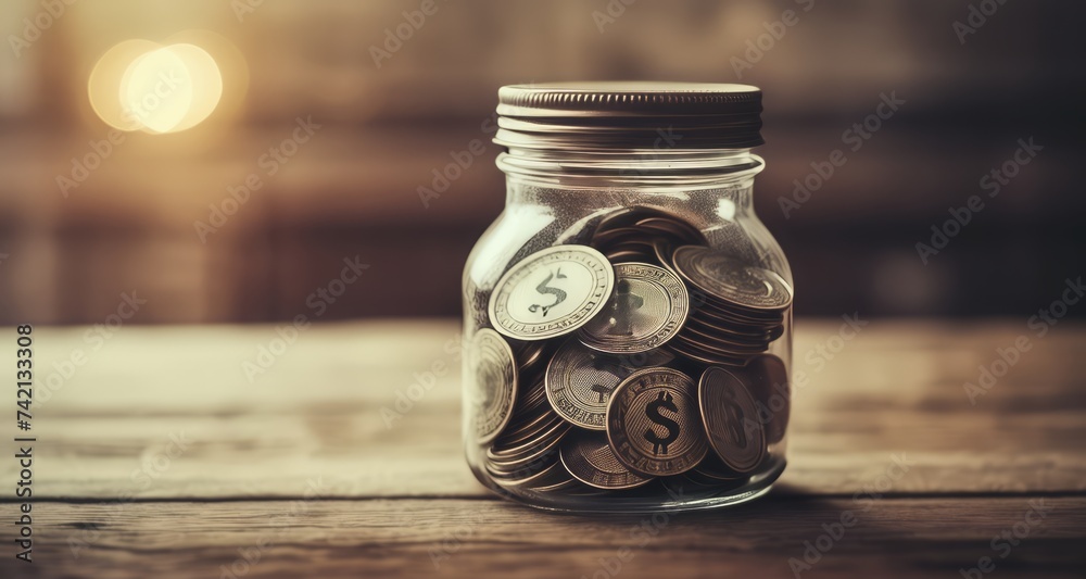 Savings jar with coins, symbolizing financial growth and goals Savings jar with coins, symbolizing financial growth and goals