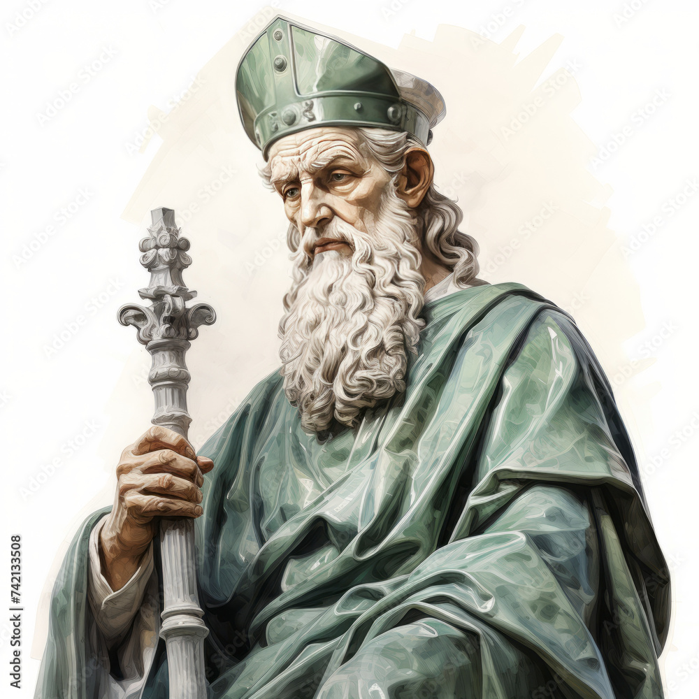 Obraz premium Illustration of Saintly Figure with Staff and Ceremonial Attire