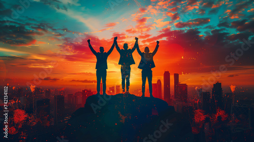 Illustration of three jubilant businessmen with raised fists, celebrating success with confetti against a cityscape backdrop.