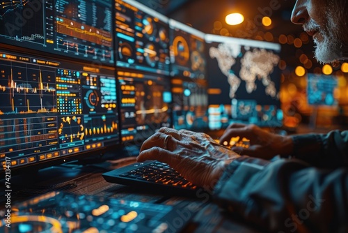 Close Up of a Professional Office Specialist Working on Desktop Computer in Modern Technological Monitoring Control Room with Digital Screens. Manager Typing on keyboard and Using Mouse.