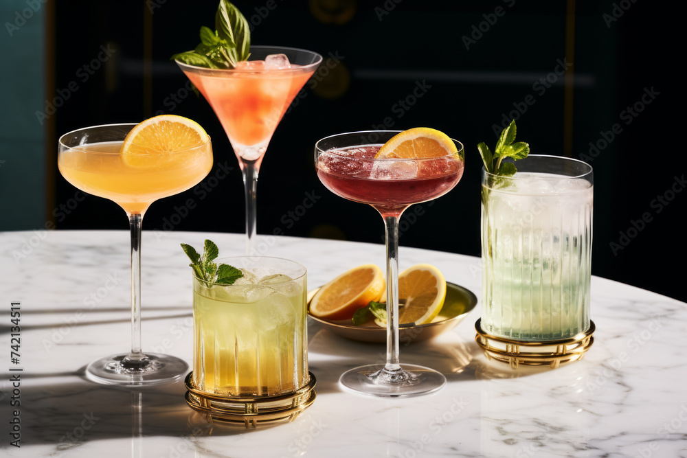 Variety of cocktails on marble table with dramatic hard light Variety of cocktails on marble table with dramatic hard light