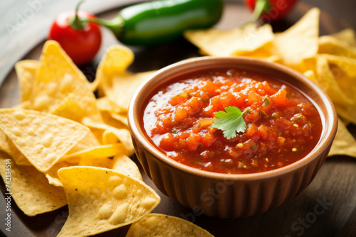 Red tomato spicy salsa with chips served with corn tortilla chips photo