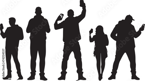 a collection of human silhouettes holding cellphones, posing, watching a concert, showing off their cellphones and standing