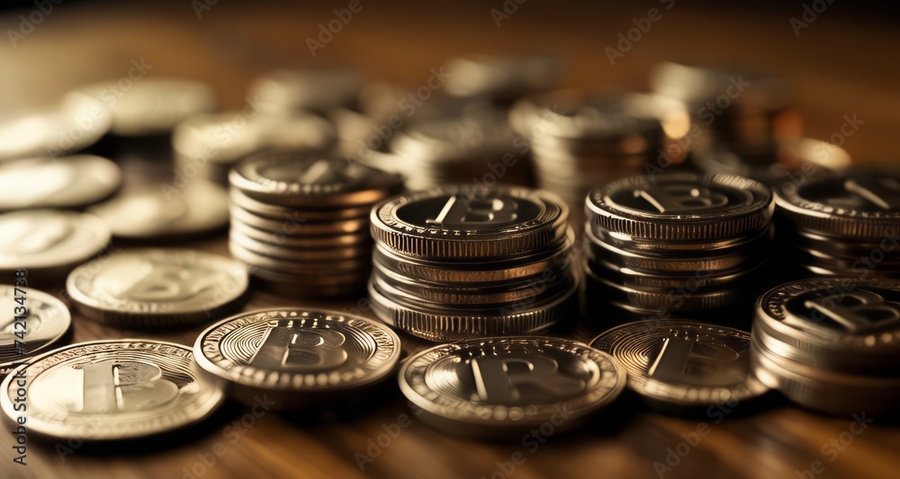 Stacked Bitcoin Coins, Close-Up, High-Resolution Stacked Bitcoin Coins, Close-Up, High-Resolution