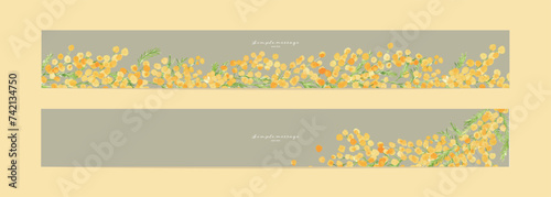 ミモザの水彩画。水彩タッチの春のミモザ背景。春の可愛いミモザ柄セット。Mimosa watercolor. Spring mimosa background with watercolor touch. Pretty spring mimosa pattern set.