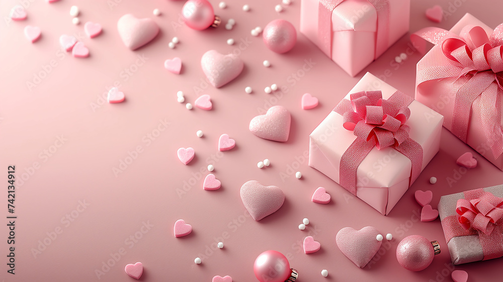 User
soft pink background with gift boxes and hearts