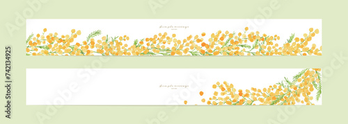 ミモザの水彩画。水彩タッチの春のミモザ背景。春の可愛いミモザ柄セット。Mimosa watercolor. Spring mimosa background with watercolor touch. Pretty spring mimosa pattern set.