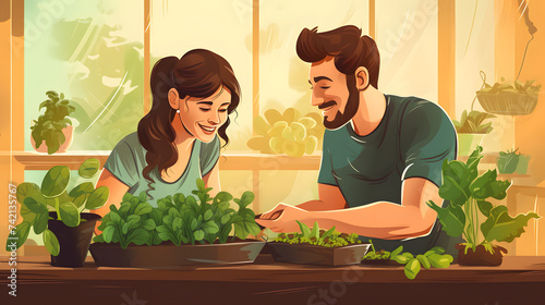 A young husband and wife planning their first garden with small vegetable plants