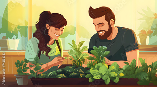 A young husband and wife planning their first garden with small vegetable plants