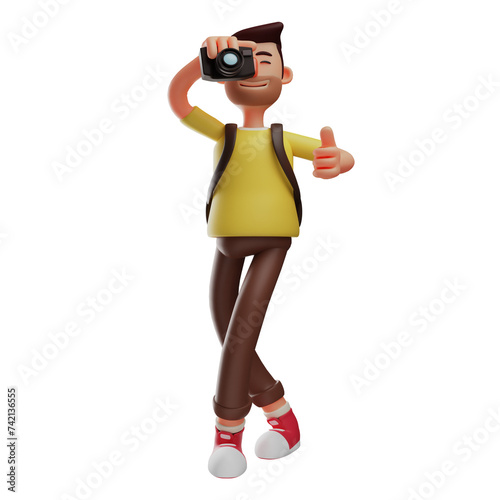 3D Illustration. 3D photographer cartoon illustration with funny smile. with thumbs forward pose. by taking pictures. 3D Cartoon Character © Overlay
