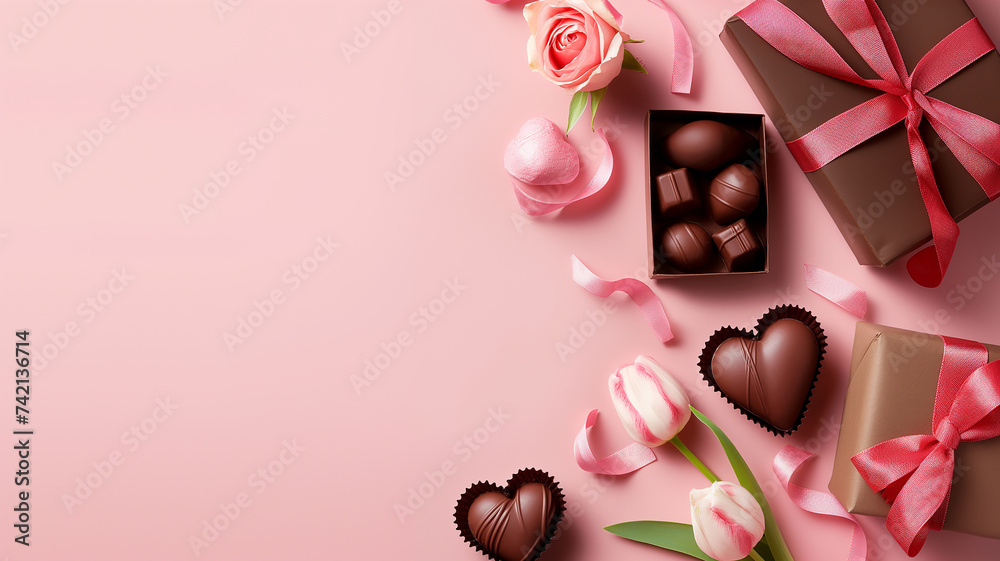 Hearts, chocolates and confetti on pink background Hearts, chocolates and confetti on pink background
